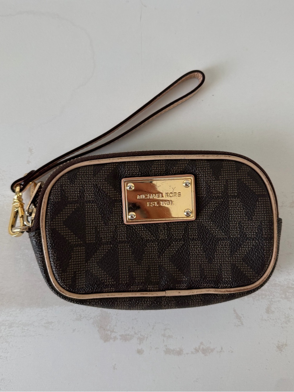 Michael Kors Brown and Tan Logo Wristlet with Gold Plate